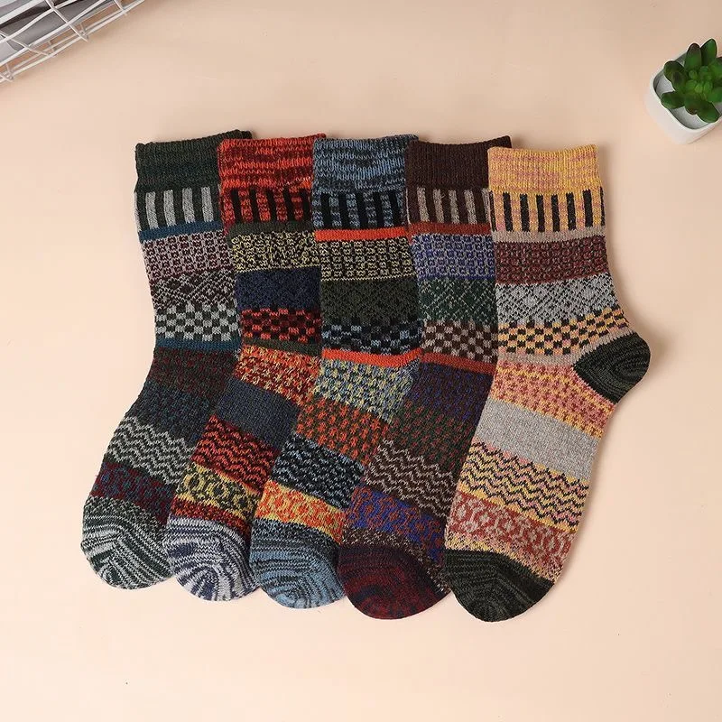 5Pairs/Lot Winter Socks Men's Thick Cotton Socks Warm Comfort  Men's Retro Style Colorful Fashion Men's Casual Mid-tube Socks