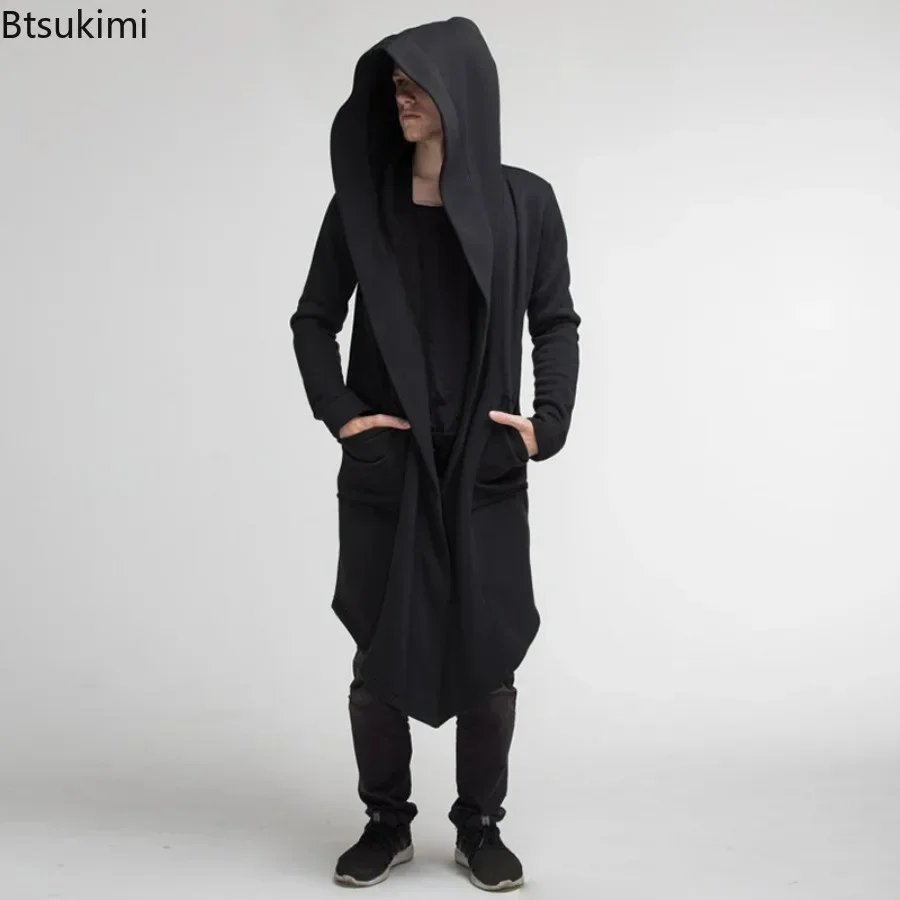 New 2024 Men' Casual Hoodie Coat Jacket Solid Cardigan Cloak Coat Open Front Warm Long Outwear Male Trench Coats Men Clothing