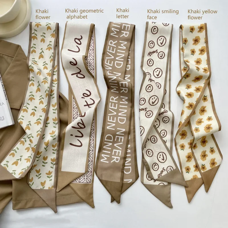 Khaki Color Set Series Silk Scarf Hair Band Ribbon Tied-up Hair Long Bow Vintage Satin Ribbon Hair Accessories