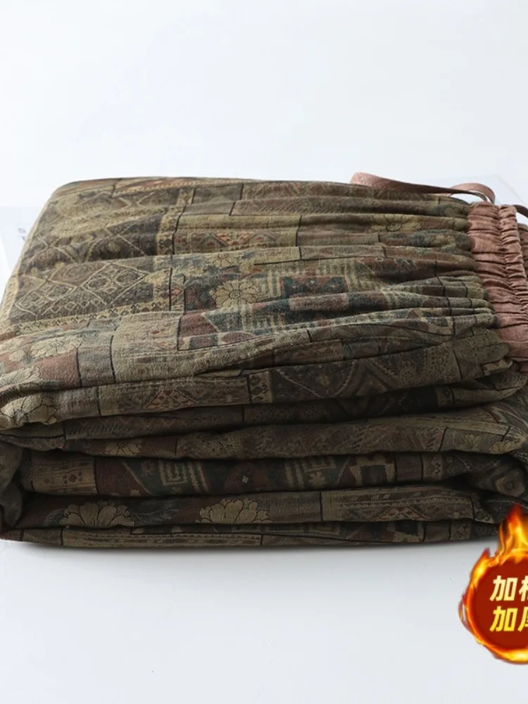 กางเกงขายาวทรงกว้างสำหรับผู้หญิง ผ้าฝ้ายลินินพิมพ์ลาย เอวยางยืด สไตล์วินเทจ อบอุ่น เหมาะสำหรับฤดูหนาว ดีไซน์ศิลปะย้อนยุค รุ่น Thiened