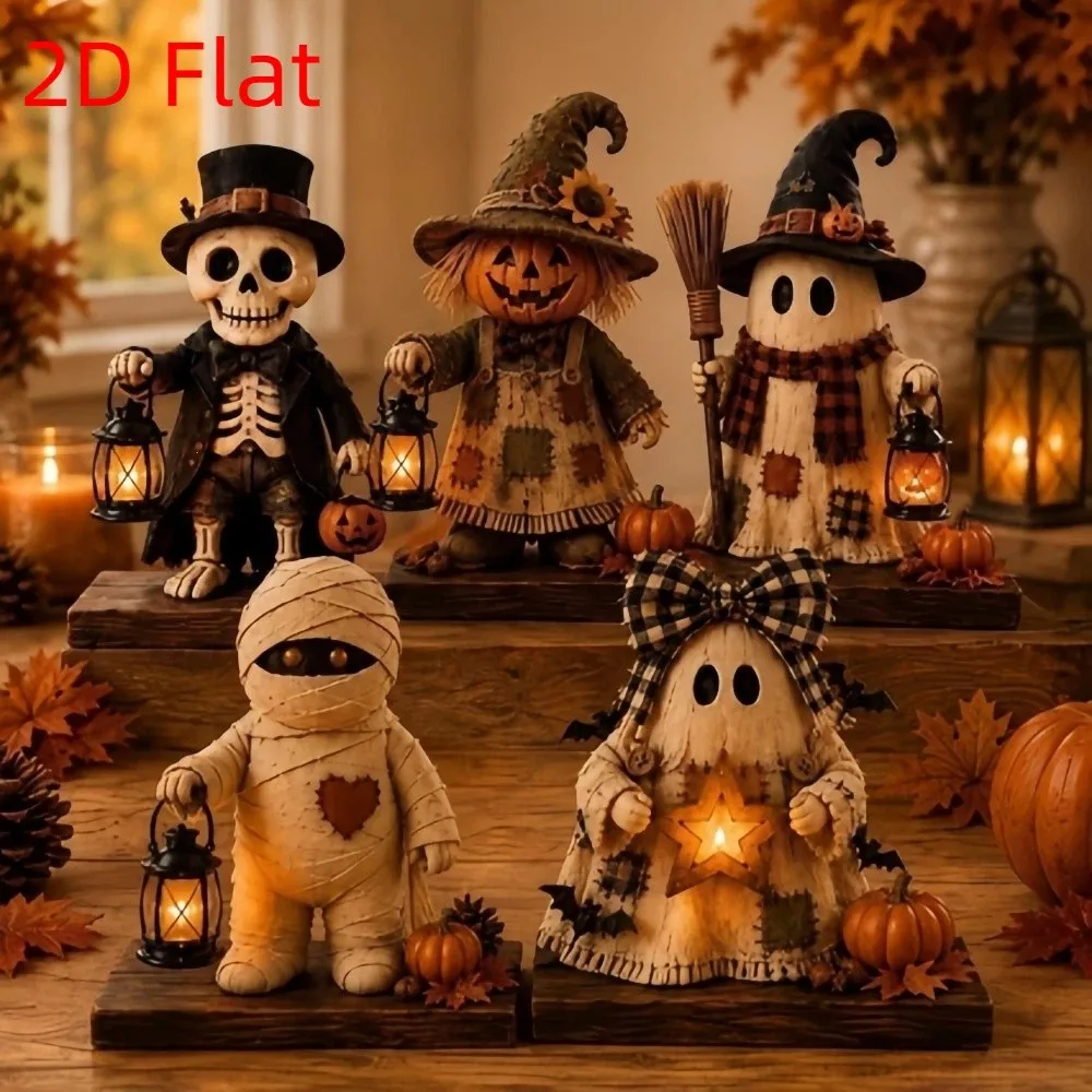 2D Flat Halloween Wooden Lantern Ghost Figurine Double-Sided Print Vintage Plaid Bow Ghost Ornament Fade-Resistant Sturdy Base