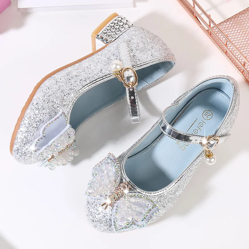 2024 New Children High Heels Rhinestone Pearl Bow Princess Girls Party Dance Leather Shoes Crystal Butterfly Kids Wedding Shoes