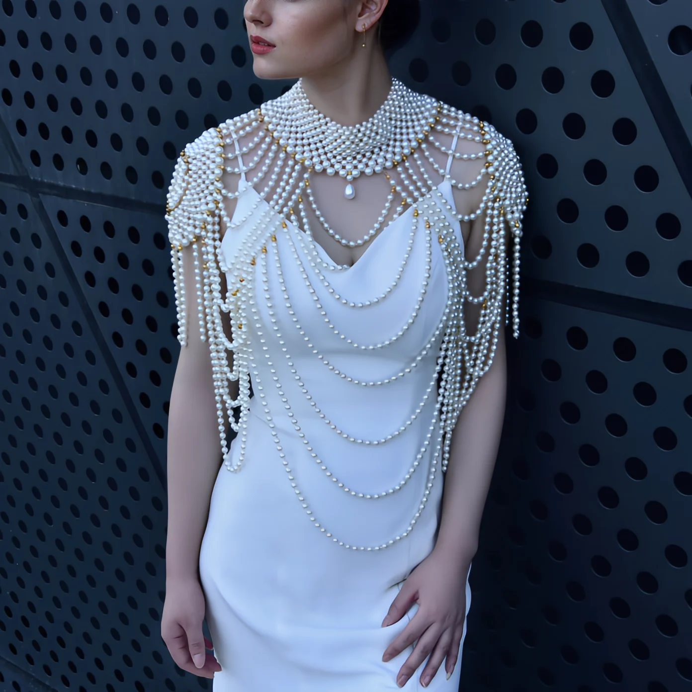 Pearl Beading Tops Sexy Women Pearl Bride Pearls Detachable Sleeves Necklace Beaded Cape Chain Female Elegant Beaded Vest Tops