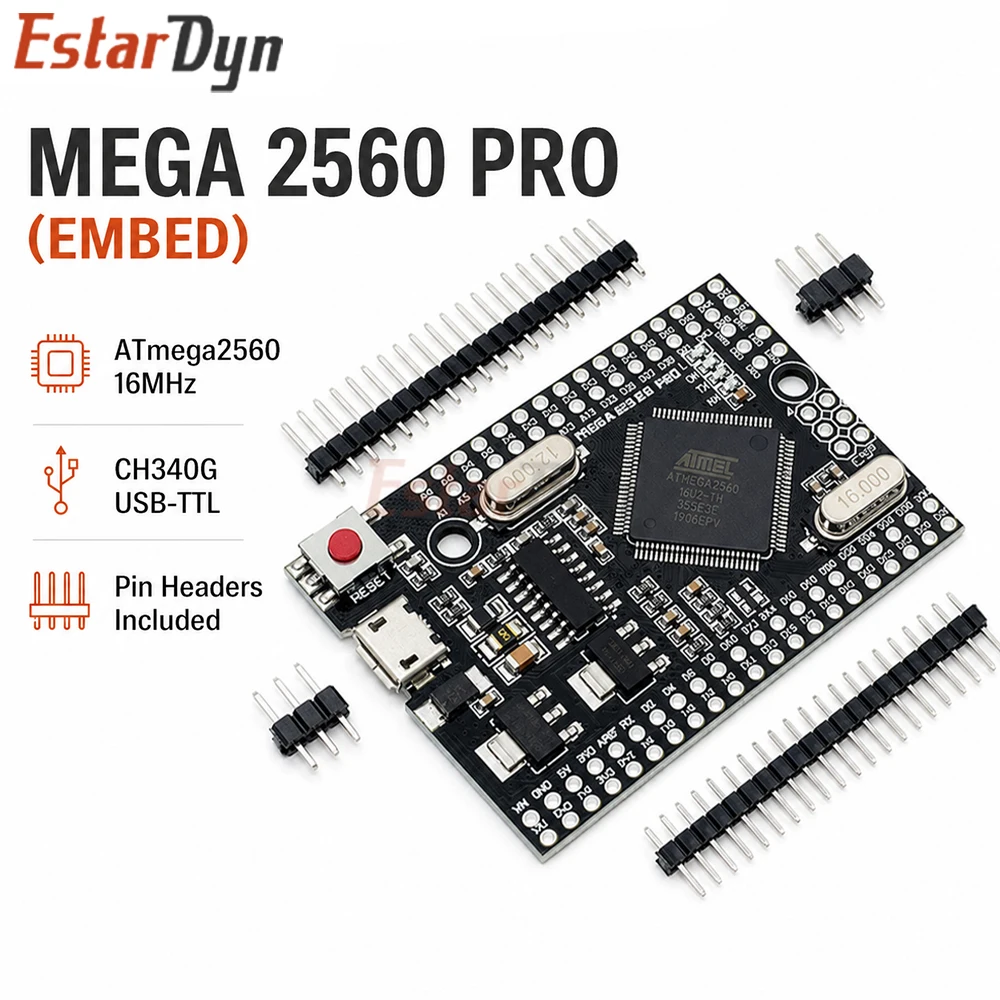 

Estardyn MEGA 2560 PRO Embed ATMEGA2560-16AU CH340G MCU Development Board with Male Pin Headers for Mega2560 DIY