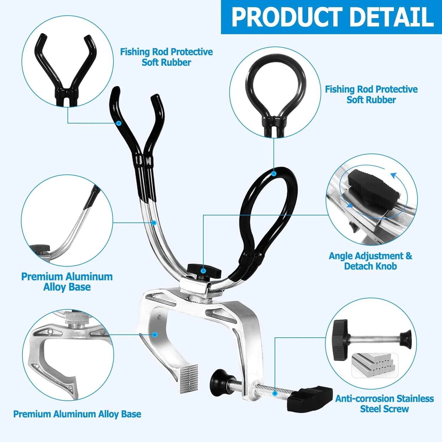 Boat Fishing Rod Holder Clamp on Rod Holder 360 Degree Adjustable Dual-use Fishing Pole Holder for Boat Dock Pontoon Canoe 2 PCS