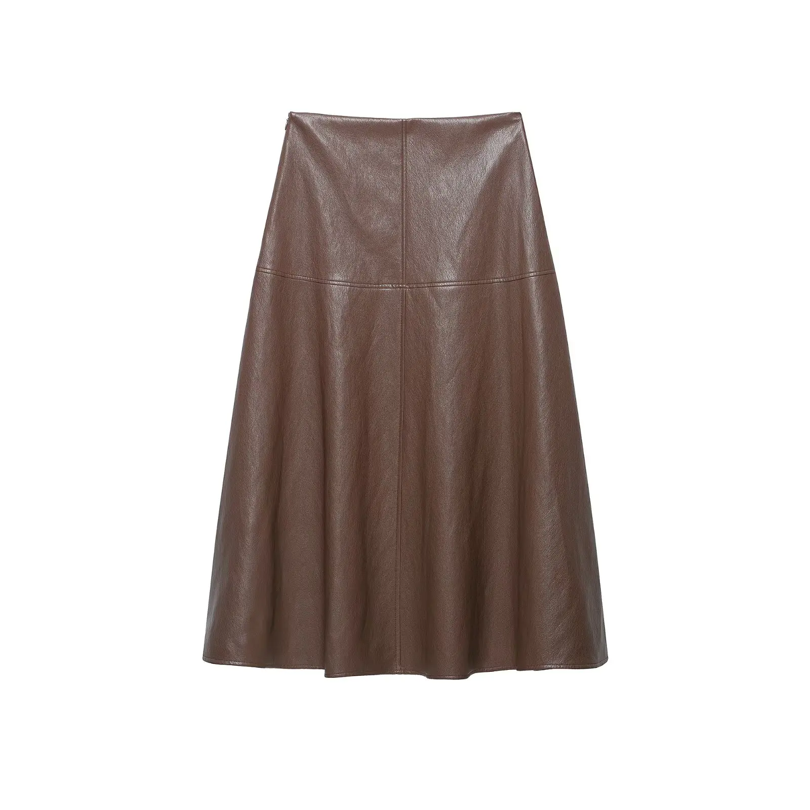 DUOPERI Women French Style Slimming A-line Flared Midi Skirt High Waist Female Chic Lady Sophisticated Faux Leather Skirt