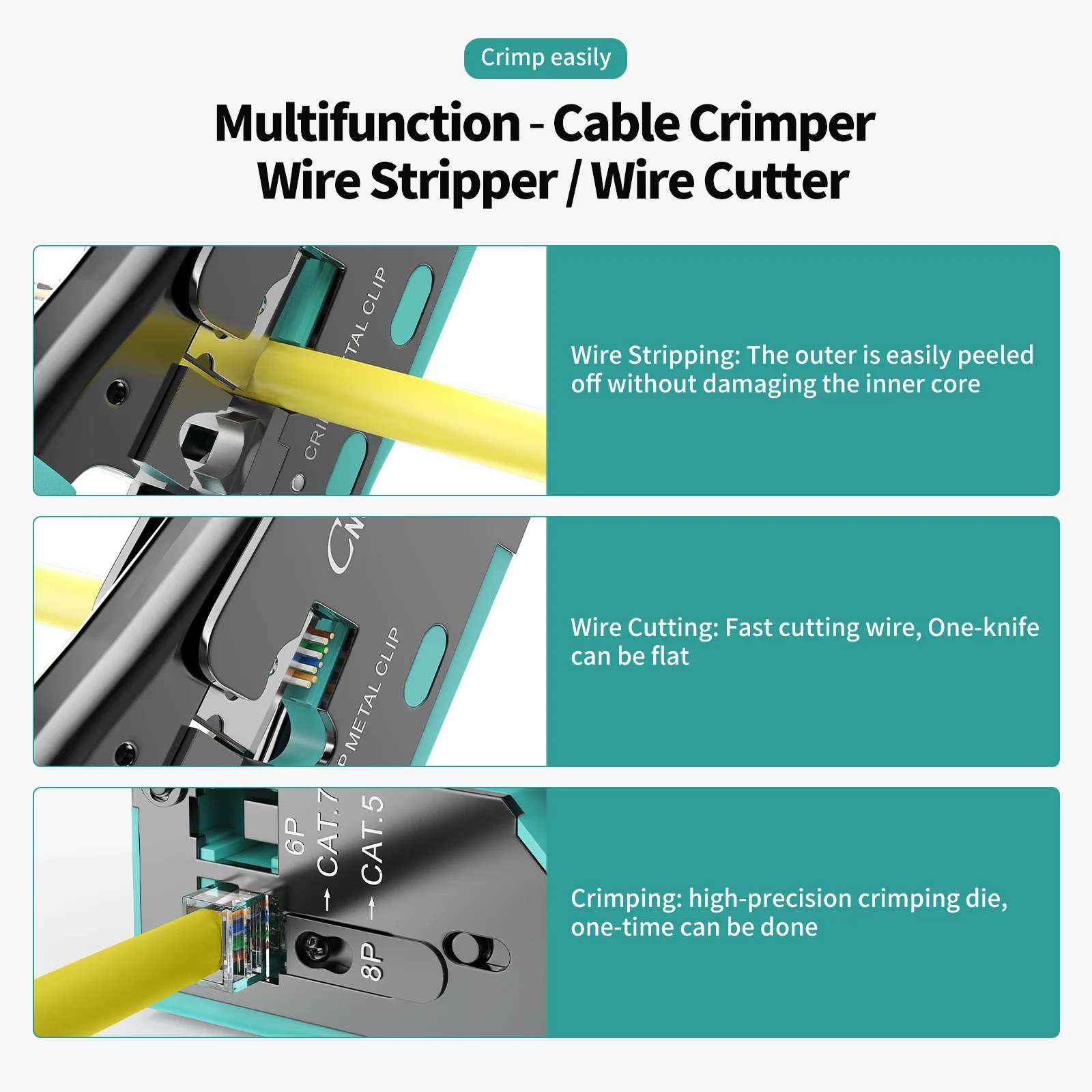 Herramienta de prensado RJ45 para paso a través del conector RJ11 RJ 45 CAT7 CAT8 CAT6 CAT5E enchufes modulares