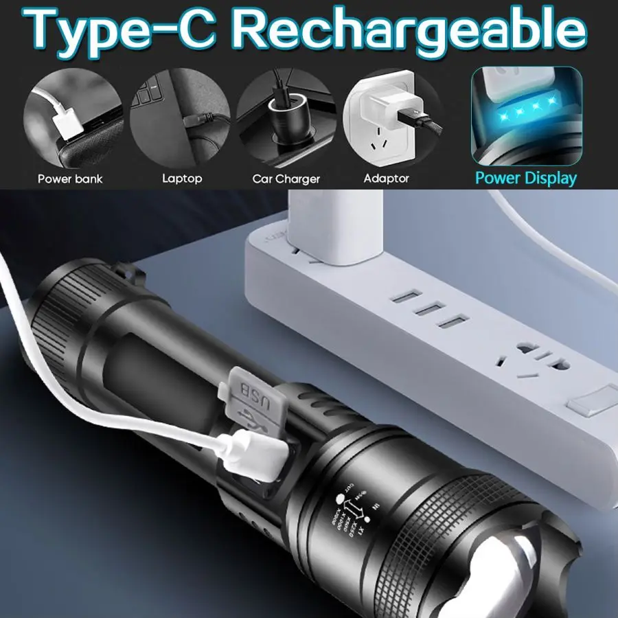 Powerful LED Flashlight Built-in 26650 Battery Powered 4 Lighting Modes USB Rechargeable Flashlights Waterproof Torch