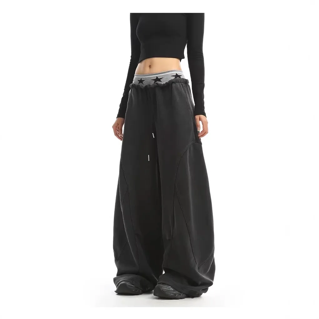 High Waist Double Layer Star Sweatpants Women Y2K Streetwear Wide Leg Baggy Trousers Casual Loose Hip Hop Pants