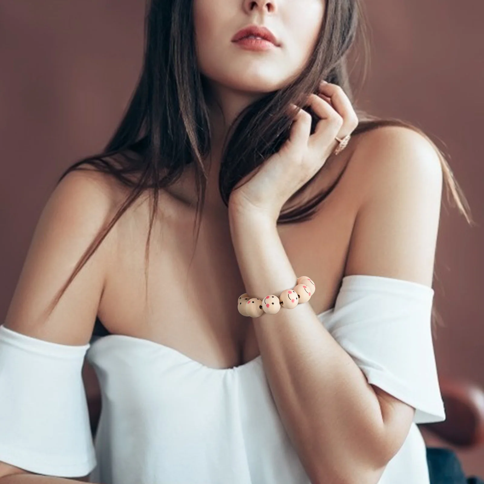 

50 Pcs Wooden Beads Craft Face Round Loose Scattered Smile with Holes for Jewelry Making