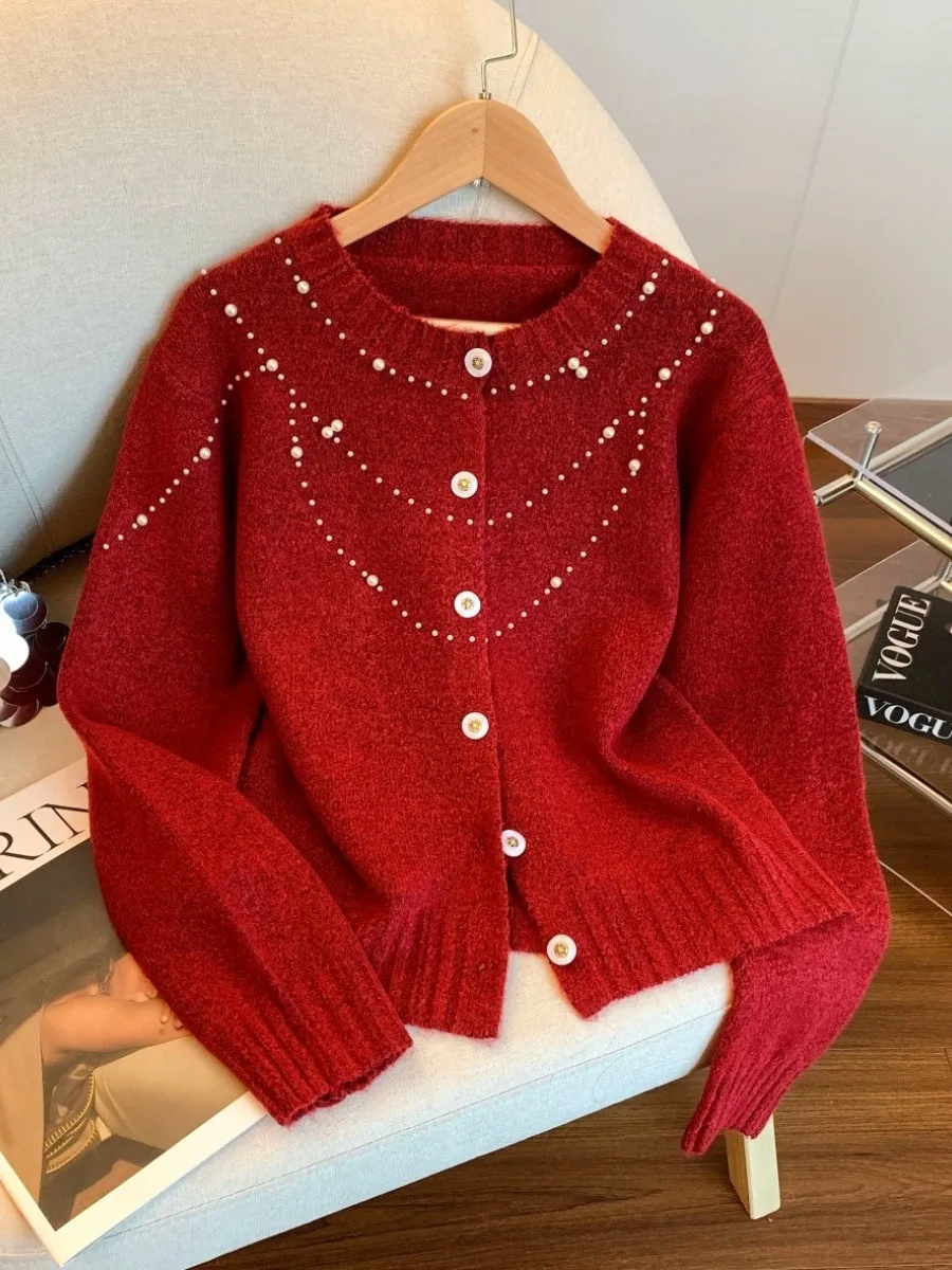 

Ele красный вязаный круглый верхняя одежда Ne, женский осенний красивый изысканный вязаный открытый кардиган на одной пуговице, топ