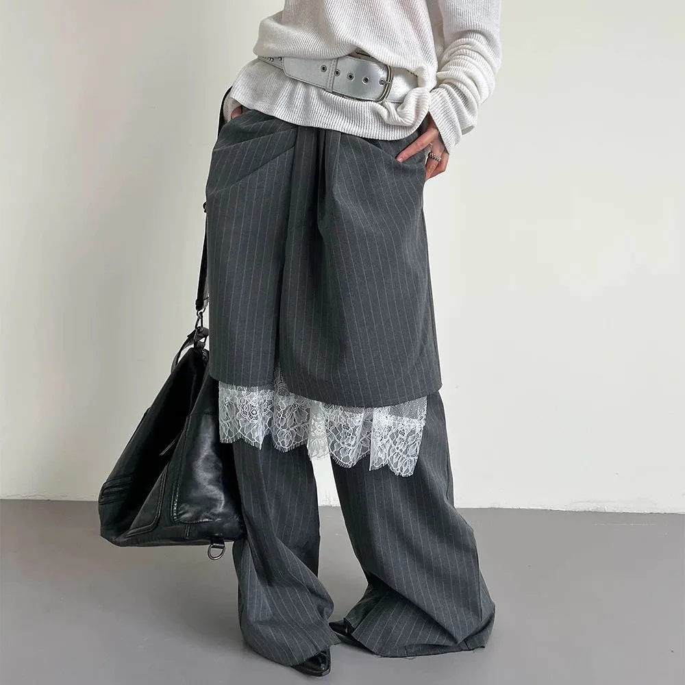 TWOTWINSTYLE Pinstripe Spliced Lace Loose Casual Pants for Women High Waist Patchwork False Two Piece Wide Leg Trouser Female