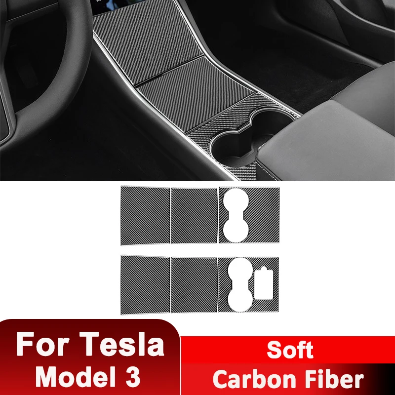 

For Tesla Model 3 Carbon Fiber Car Center Console Panel Water Cup Holder Cover Kit Decorative Sticker Auto Interior Accessories