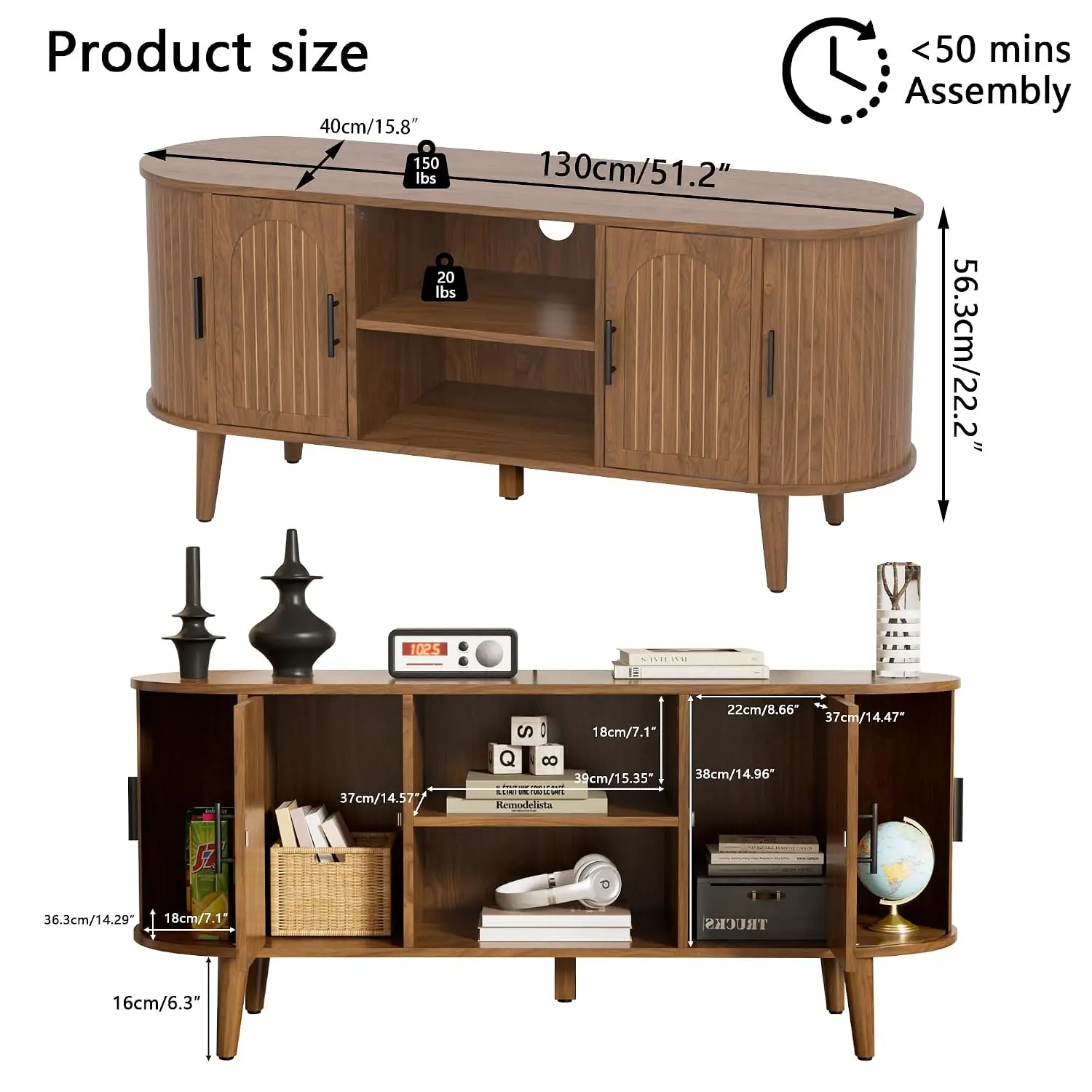 51 Inch Mid Century Modern Fluted TV Stand With Drawers & Fluted Doors Entertainment Center Fits TVs Up To 60 Inch, Custom