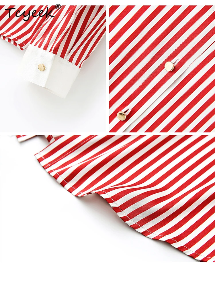 Tcyeek 2023 90% หม่อนผ้าไหมฤดูใบไม้ผลิผู้หญิงลายเสื้อTurn-DownคอยาวแขนยาวลําลองNicheเดินทางเสื้อT38502FD