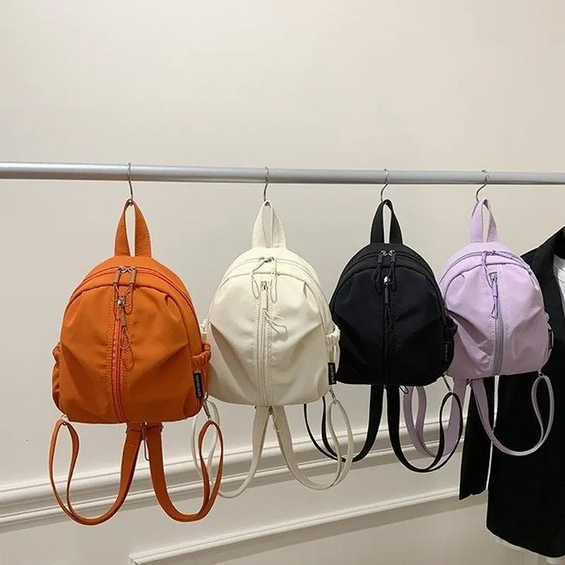 Women Orange Nylon Mini Backpack with Double Zipper Casual Lightweight Daypack for Daily School Travel Shopping