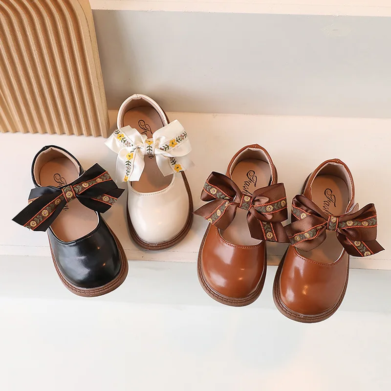 Kids Fashion Britain Style Girls Leather Shoes Satin Bow 2023 Children Brown Round-toe PU Simple Non-slip Round-toe Loafers PU