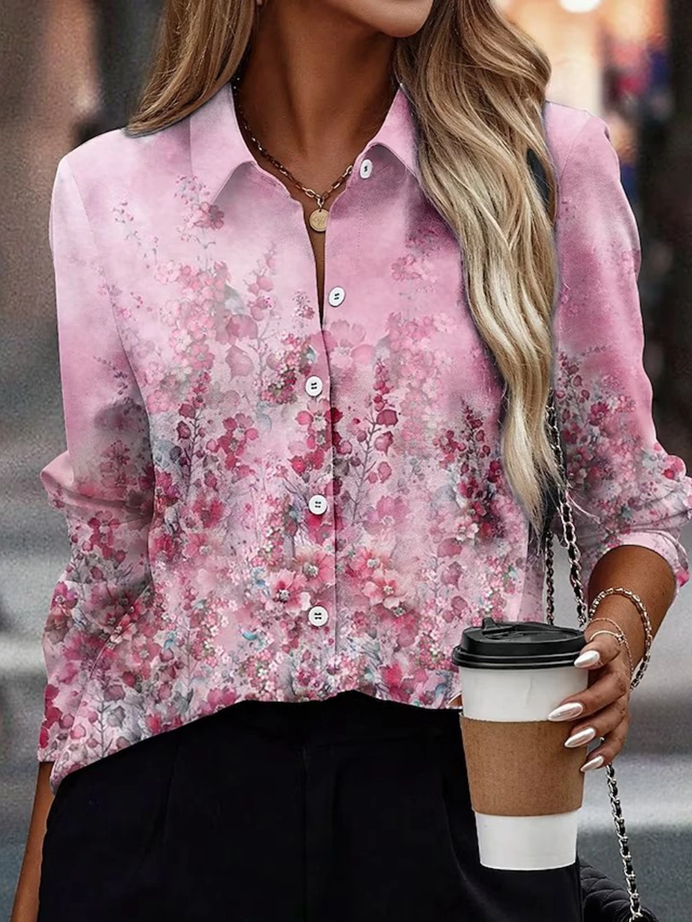 Women\'s Shirt Blouse Pink Blue Green Floral Button Print Long Sleeve Casual Holiday Fashion Shirt Fit Floral Spring & Fall Tops