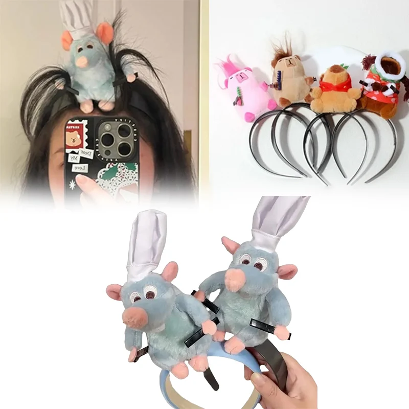 2024 New Creative Hair Accessories Blue Plush Headband Hat Chef Mouse Headbands with Hair Clip Cute Cartoon Doll Hairband