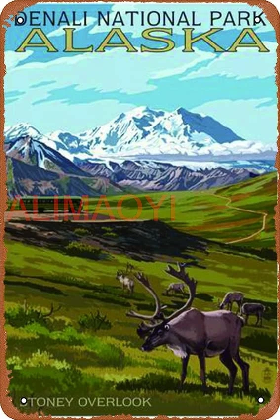 Denali National Park, Alaska - Caribou and Stoney Overlook Retro Vintage Metal Tin Sign Wall Decor Retro Metal Signs 8x12 I nice