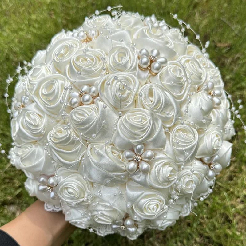 1pc Silk Rose Wedding Bouquet for Bride Bridesmaid Bouquet Pearl Ribbon Valentine's Day Confession Party Church Decoration Prop