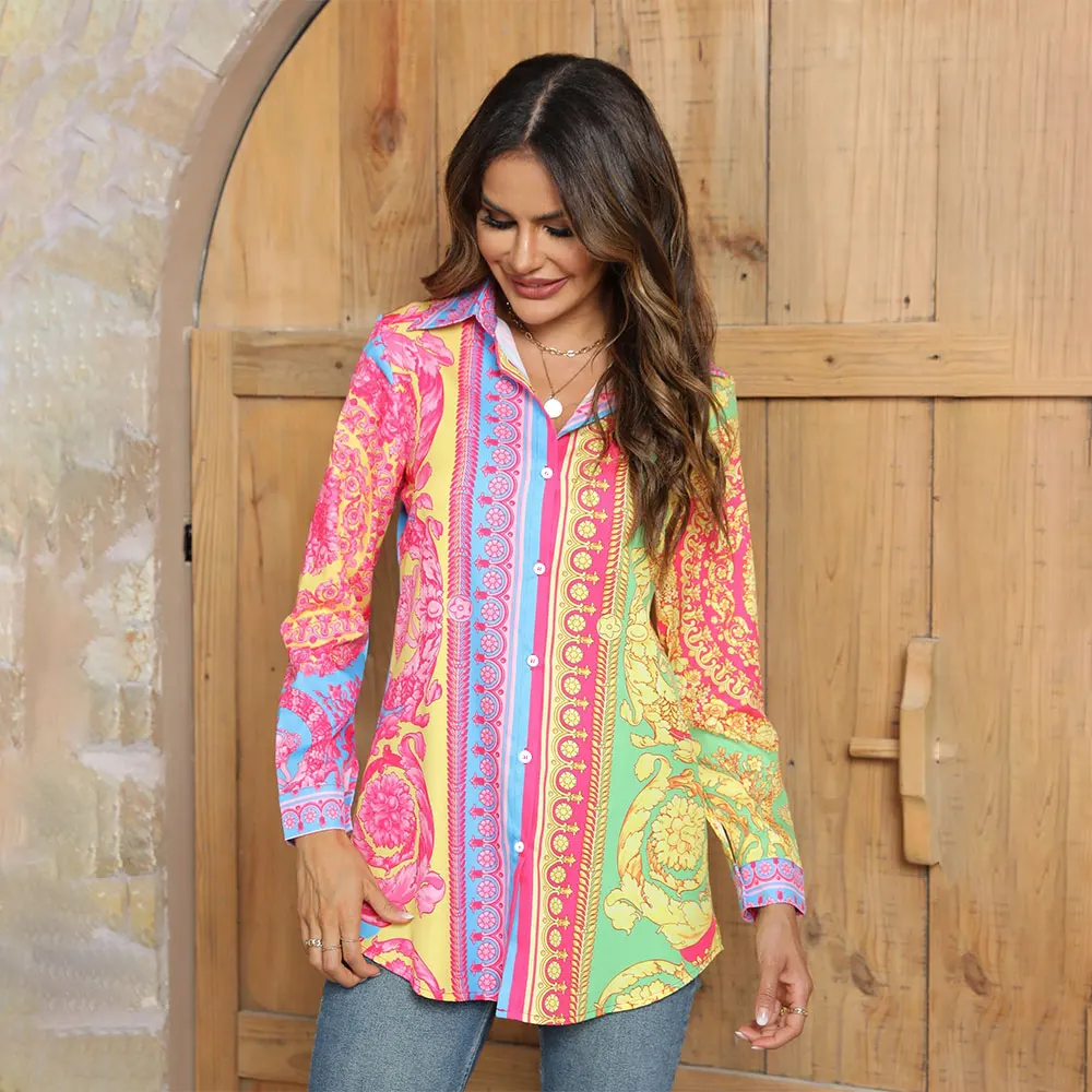 Women'S Casual Shirt Retro Ethnic Digital Print Lapel Shirt Hawaiian Holiday Shirt Women'S Elegant Long Sleeve Evening Dress