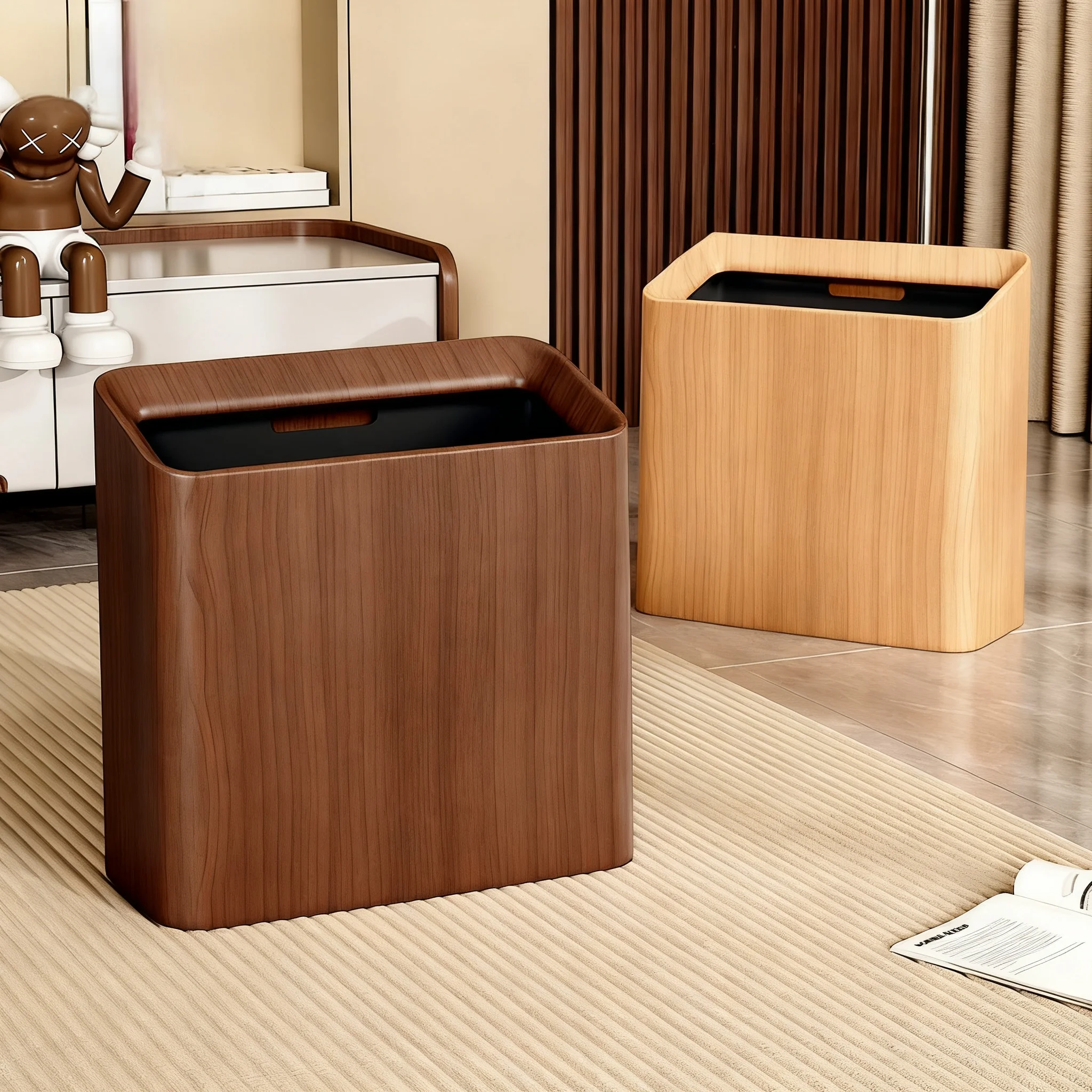 

Walnut Texture Large Capaci Tra Can Office Bedroom No Cover Household Batoom Kitchen Dual Layer Plastic Waste Bin