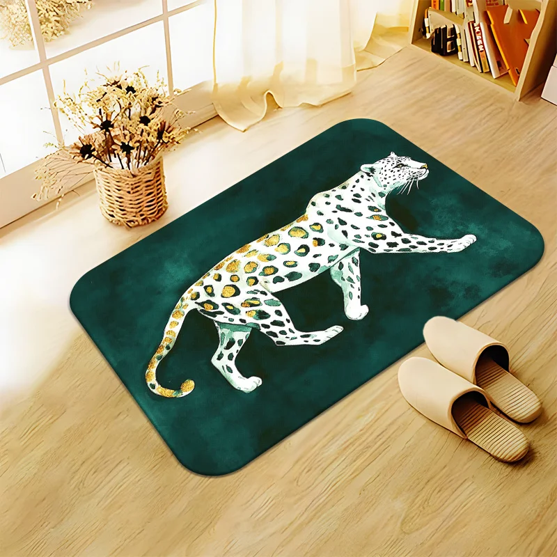 2D Flat White Leopard Gold Spots Emerald Green Background Flannel Area Rug Non Slip Luxury Animal Carpet For Living Room Bedroom