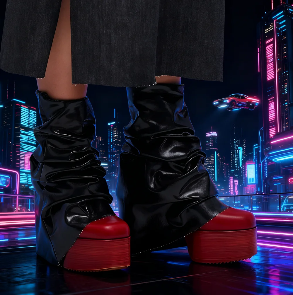 Avant-Garde Style Black Ruched Patent Leather Platform Boots Red Toe Oversized Slouchy Design Casual Chunky Heels Ankle Boots