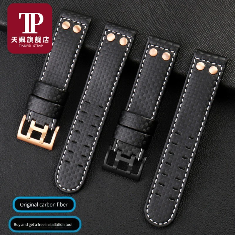 High quality Carbon Fiber leather watch strap For Hamilton Khaki Aviation H77696793 77616533 men's watch strap 22mm metal rivet