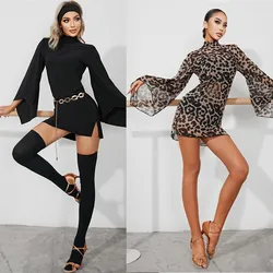 Vestido de baile latino para mujer, traje de salsa, leopardo, malla negra, Rumba, ChaCha, zym 2247