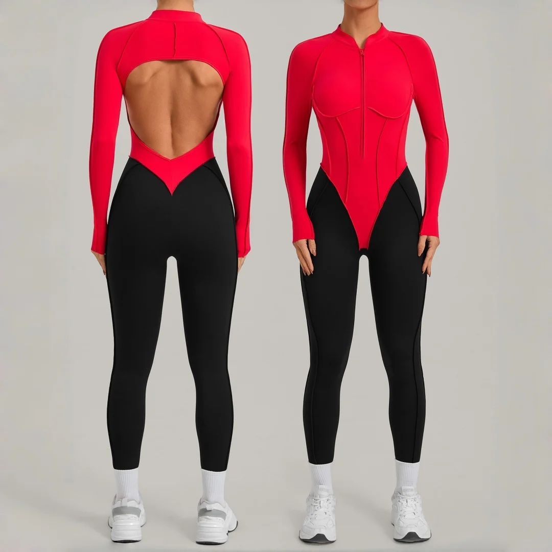 New Women's Pilates Yoga Bodysuit Tight Half-zip Backless Long Sleeve Pants Fitness Jumpsuit Running Workout Gym Yoga Bodysuit