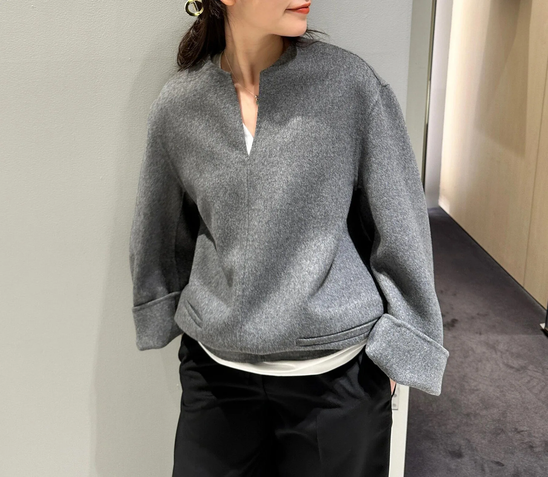 

Women Gray Pullover Coat Double-sided Woolen Long Sleeve 2024 New Autumn Winter Female Fashion Outwear Top