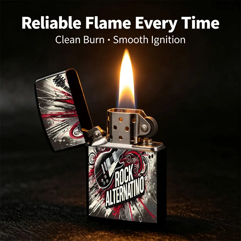 Pocket Lighter - Windproof Flip-Top Lighter with Vintage Guitar Poster Art on a Grungy Background, Compact Portable Design, Comfortable Easy-Grip Body, Refillable Butane Lighter for Outdoor Camping and Daily Use