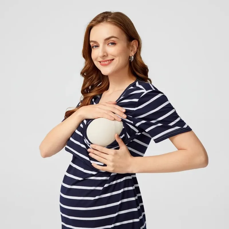 

Летняя мягкая и удобная длинная юбка длиной до колена с короткими рукавами и v-образным вырезом, модная полосатая одежда для кормящих мам