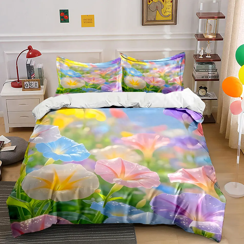 3Pcs Rainbow Morning Glory Meadow Bedding Set, Realistic Pastel Flower Field Print Duvet Cover 2 Pillowcases King Queen, Gift