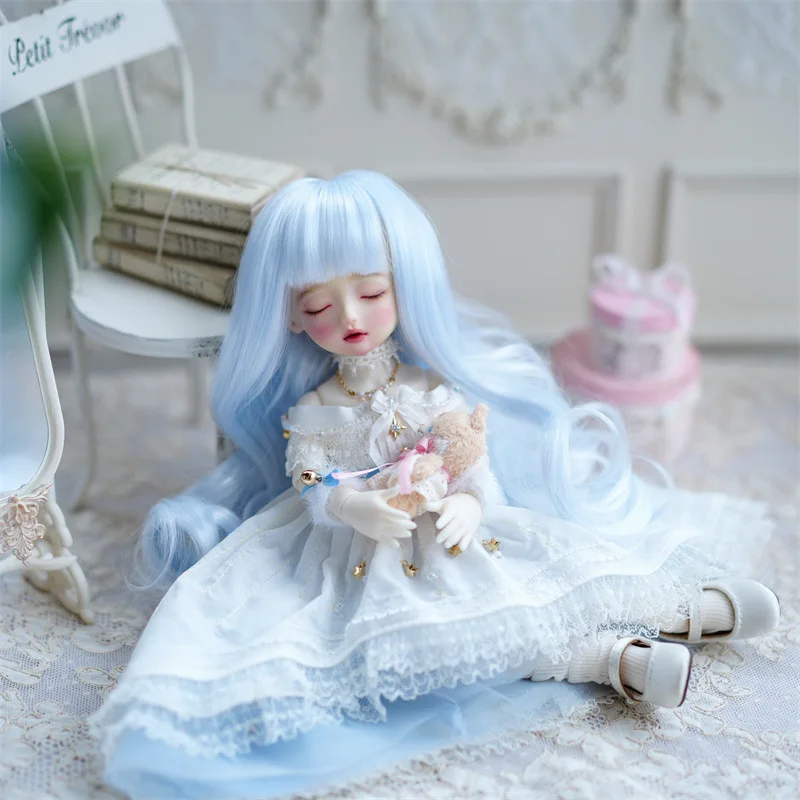BJD pop pruik voor 1/6 maat lange rol zachte zijde lichtblauwe pruik pop accessoires