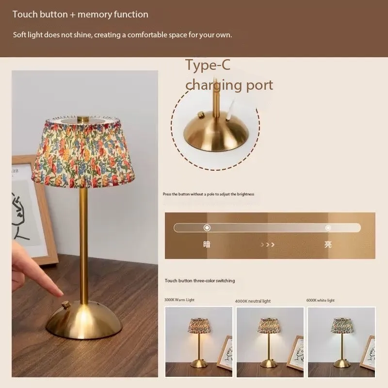 Lampada da scrivania con carica francese di tipo C con paralume in tessuto Lampada creativa touch dimmerabile wireless Luce ambientale portatile per soggiorno