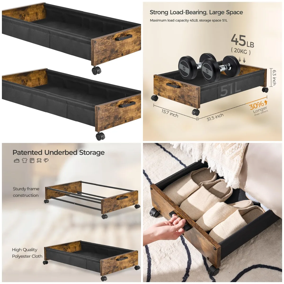 

Under Bed Storage with Wheels, Wooden Rolling Drawers, 50L Rustic Brown Shoe Organizer