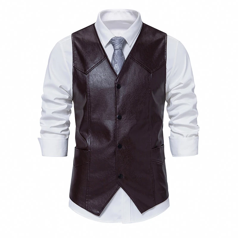 New Men's Retro V-neck Single-breasted Biker Vests Men's Leather Vests Casual Vests Waistcoat for Men