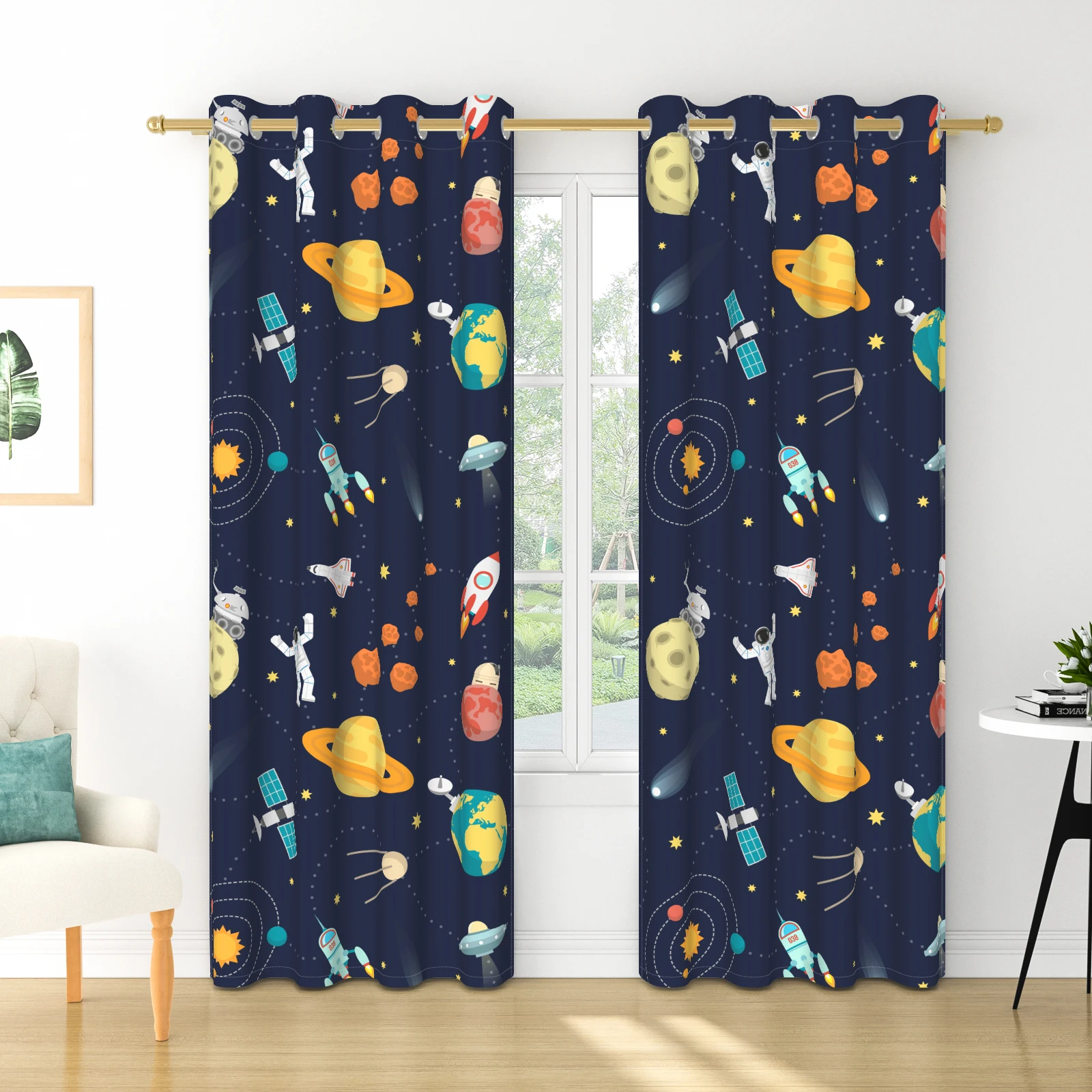 Cartoon Space Astronaut Planet Blackout Curtains 2 Panels, Grommet Thermal Insulated Drapes for Kids Bedroom Living Room Decor
