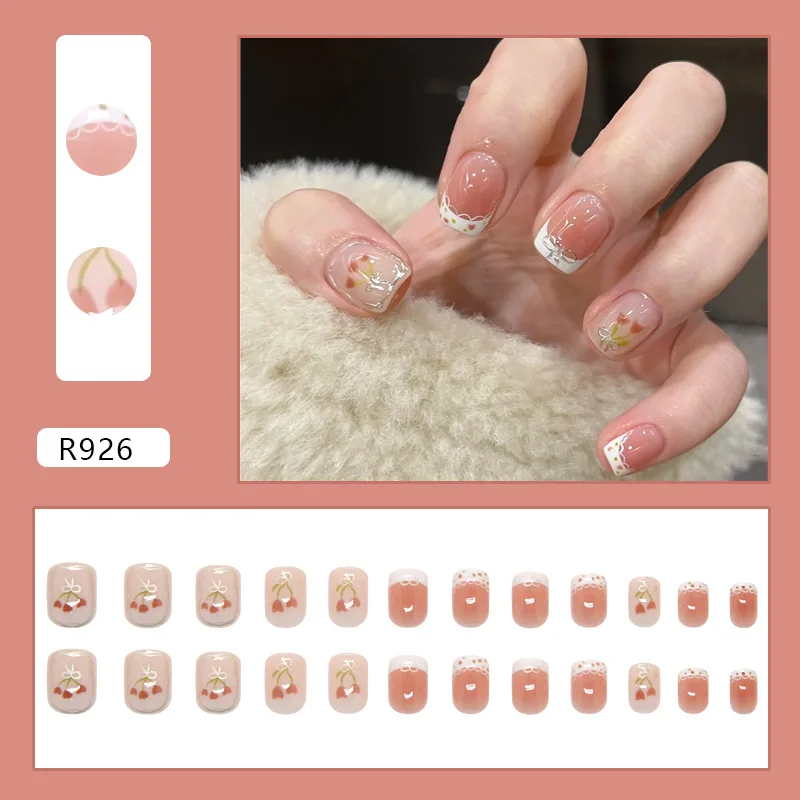 Sweet Cottagecore Nude Peach Press On Nails Short Square White Lace Silver Bow Tulip Glossy Spring Summer Manicure - Detail 1