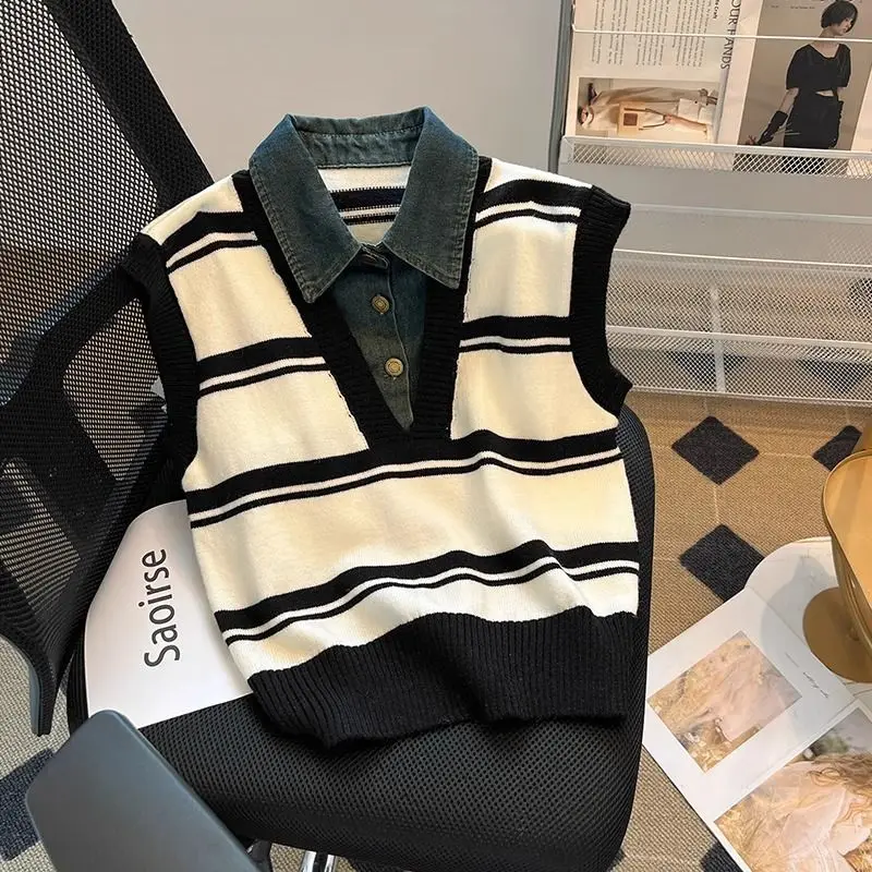 Women's 2026 New Faux Two Piece Denim Collar Patchwork Knit Vest Sleeveless Commute Thick Warm Chic Coquette Trendy Top