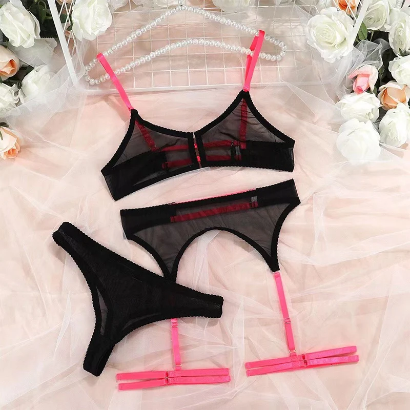 Plus Size Bicolor Sexy Push Up Transparent Exotic Gauze Comfortable Bra 3-piece Garters Set Hollow Out Underwear Erotic Costumes