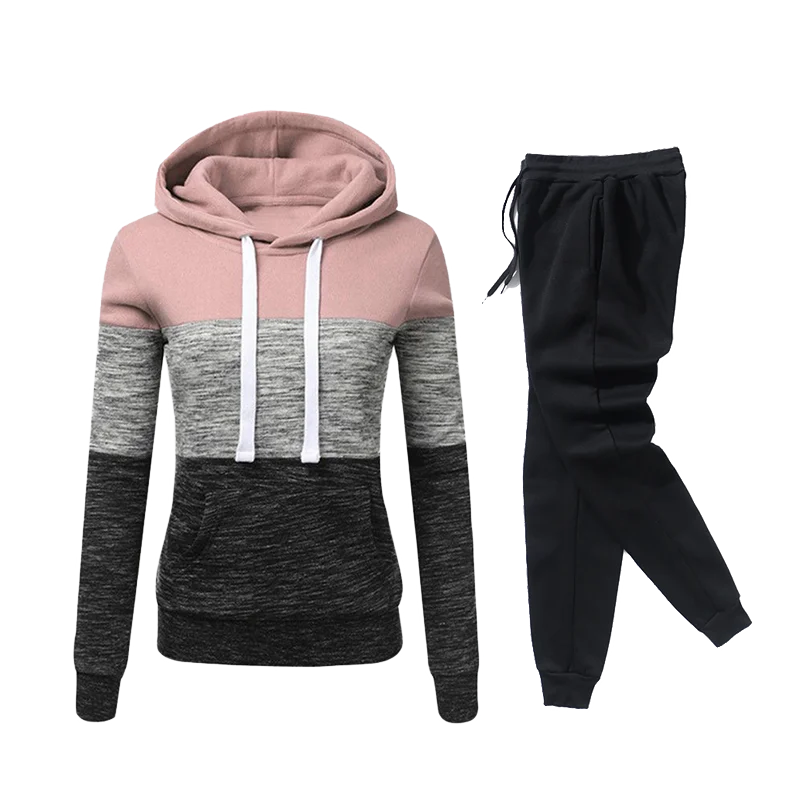 Womens Tracksuit Tri Color Splicing Casual Hooded Sweatshirt+Pants Set Sports Jogging Clothing Autumn Winter New in Warm Outfits