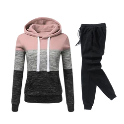 Womens Tracksuit Tri Color Splicing Casual Hooded Sweatshirt+Pants Set Sports Jogging Clothing Autumn Winter New in Warm Outfits