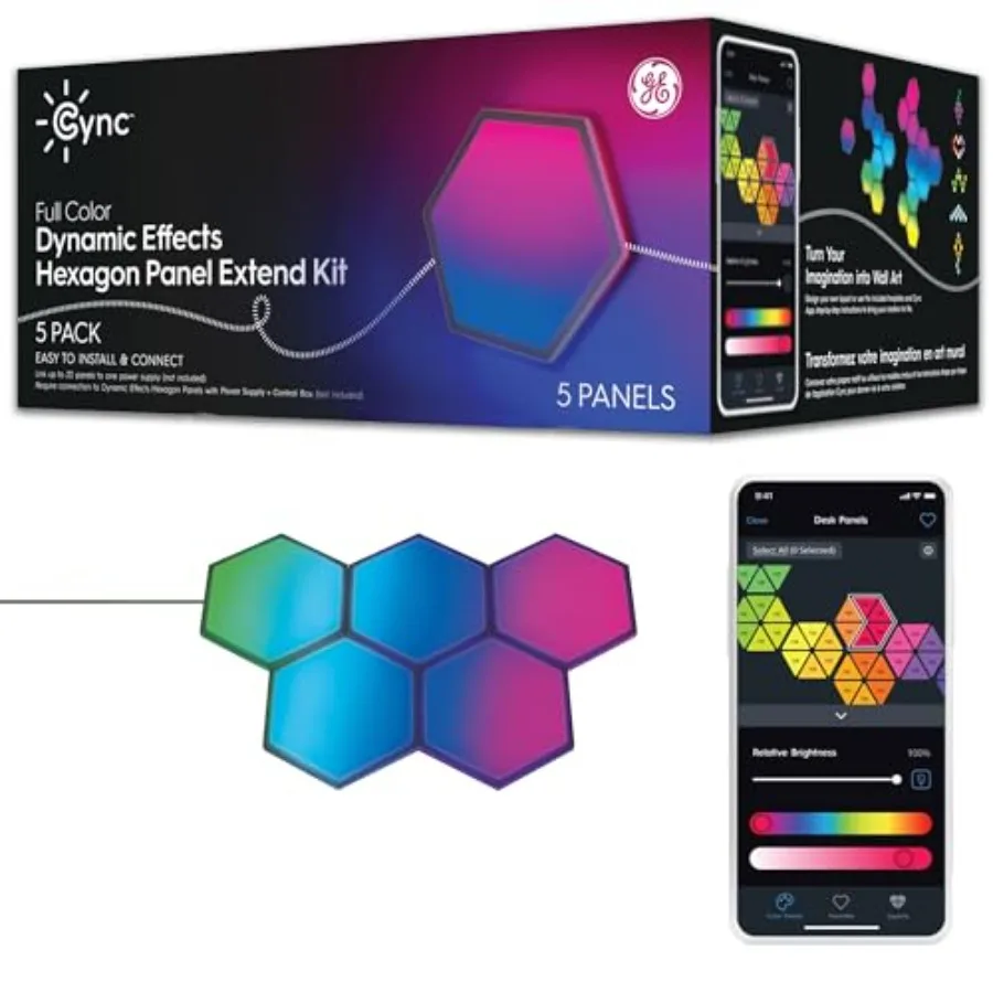 GE Dynamic Effects Indoor Hexagon WiFi Smart LED Color Changing Lights, Wall Light Panels for Room Décor, Gaming Setup, Music S