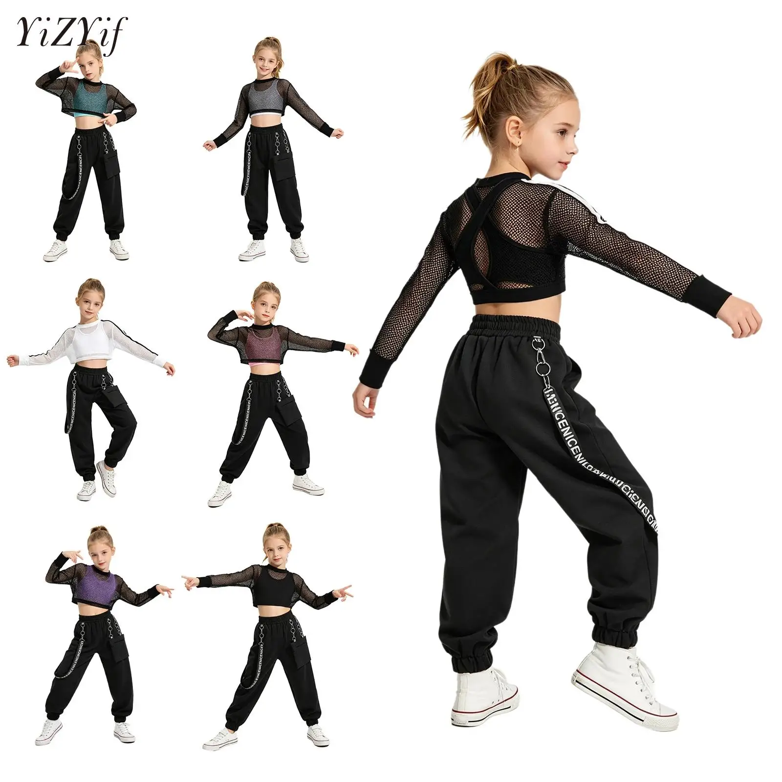 

Children Girls Long Sleeve Mesh Crop Top with Vest Chain Pants Modern Jazz Hip Hop Dance Performance Costume Sportswear Set