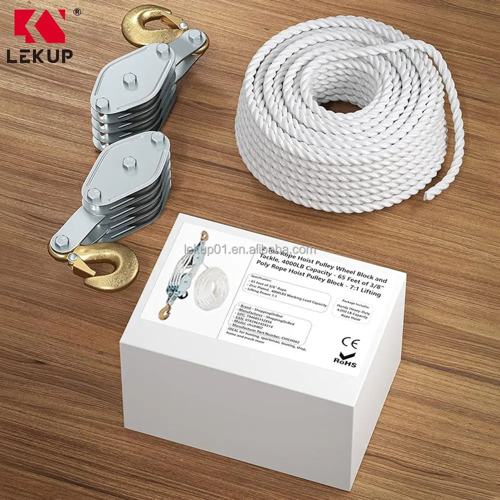 Heavy Duty Rope Hoist Pulley System 4000LB Breaking Strength Block And Tackle Pulley System Lifting Compound Pulley System
