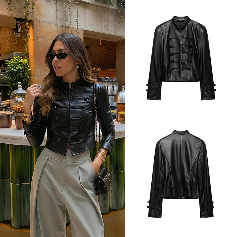 Guobioziy Women's Casual Rope-Knot Buckle Leather Jacket 2026 Spring-Autumn European Fashion Trend Slim Classic MotorcycleStreet